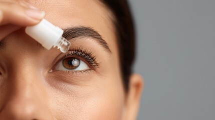 Woman applying eye drops for relief home setting lifestyle image close-up view eye care awareness