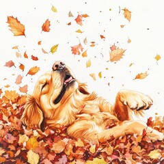 A dog rolling in a pile of autumn leaves, leaves flying joyfully around. A joyful golden retriever relaxing in colorful autumn leaves, embodying happiness and tranquility in nature.
