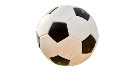Old leather soccer ball, black and white, isolated on a white background, ready for play png file download 