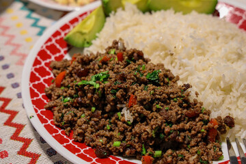 rice plate with ground meat and vegetables