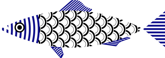 Flat style sardine with Portuguese folk motifs, bright decorative fish, inspired by summer coastal traditions.