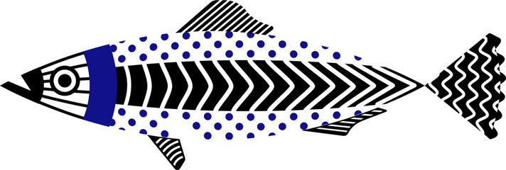 Decorative sardine with Mediterranean colors and folk ornaments, coastal summer symbol in hand-drawn style.