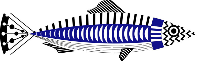 Playful sardine design with bright folk patterns, hand-drawn marine illustration inspired by Portuguese heritage.