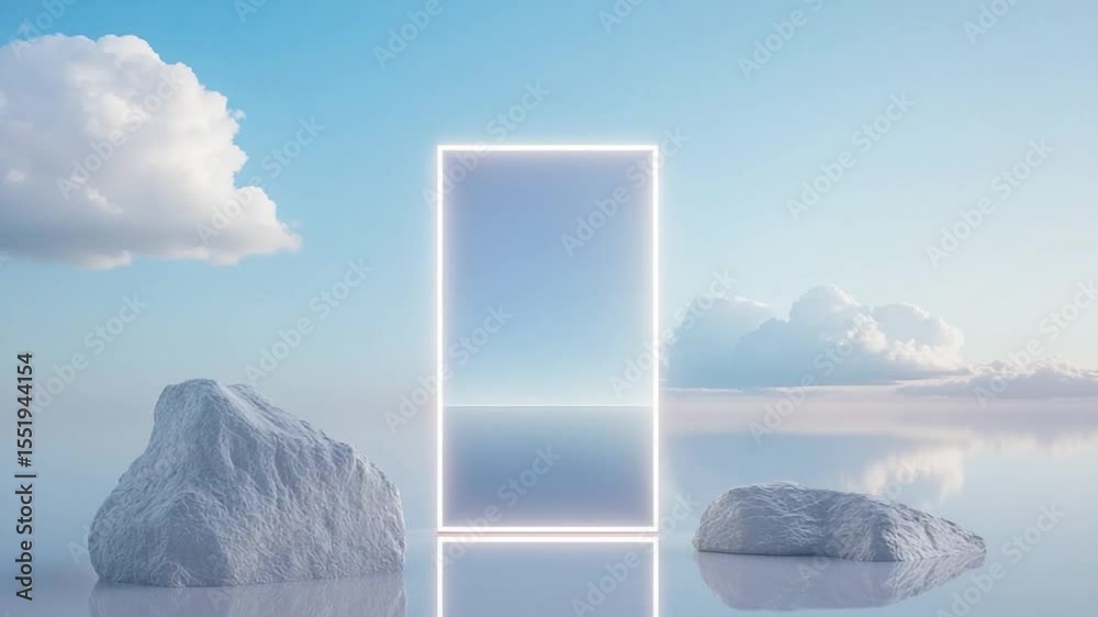 Poster illuminated gateway: a serene landscape where a luminous rectangle frame levitates, framed by a drea