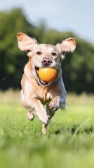 A dog running toward the camera with a ball in its mouth, ears flopping with excitement. 
