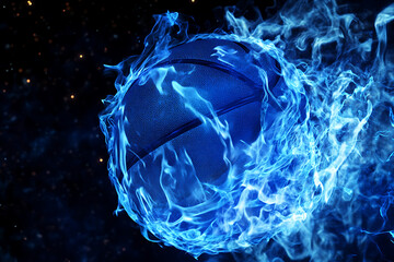 A glowing blue basketball surrounded by swirling flames in a starry cosmic background