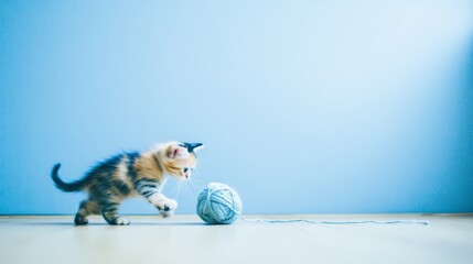 A kitten batting at a ball of yarn, the yarn unraveling across the floor. A playful kitten interacts with a blue yarn ball, showcasing its curiosity and joy in a vibrant, minimalistic setting.