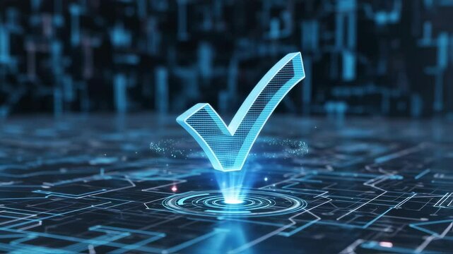 Futuristic holographic checkmark animation over digital circuitry background