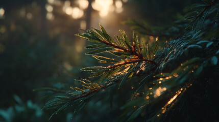 Close up view of a pine tree branch with sunlight shining through the leaves in a dark forest scene