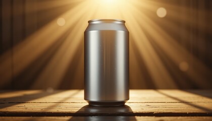 Brushed Metal Can Mockup with Sunlight and Green Leaves, 32k resolution 