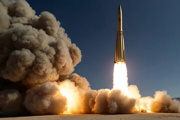 Rocket launch with smoke clouds, Space rocket launching scene, High-speed rocket lift off, Powerful rocket taking off, Rocket launch against blue sky AI photo.