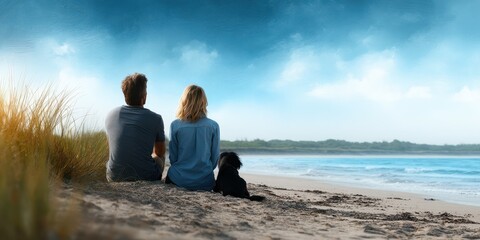 Couple enjoying a peaceful moment by the beach with their dog during sunset near a serene coastline