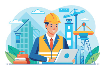 Construction worker using laptop at building site with cranes and city skyline in background
