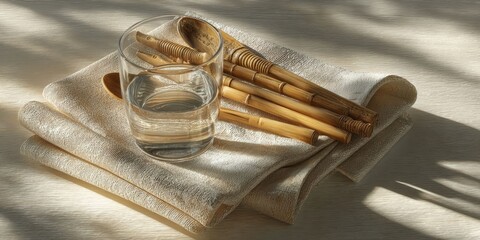 Bamboo Utensils Arranged on Beige Napkin with Glass of Water