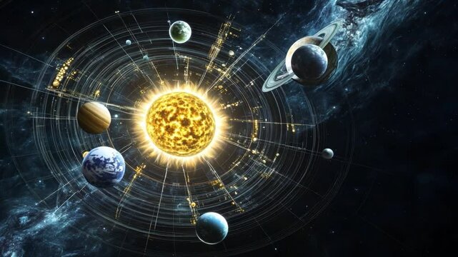 Solar system planets revolving around the sun in a cosmic dance. A vibrant, detailed illustration of the solar system's celestial bodies, showcasing their relative sizes and orbital paths.