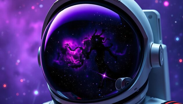 Astronaut helmet reflects purple nebulae, galaxies, and twinkling stars; inner space visible,  milky way,  inner space