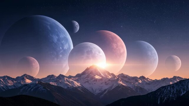 Surreal planetary alignment over majestic mountain peaks at dusk