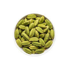 A top down view of a white bowl filled with numerous green cardamom pods isolated on transparent background
