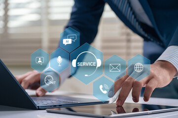 AI customer service system concept. businessman accessing digital assistant email, voice, chat, and 24/7 contact options for automated real time support and global communication interface