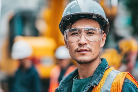 Close up of construction worker wearing hard hat and safety glasses on construction site outdoors
