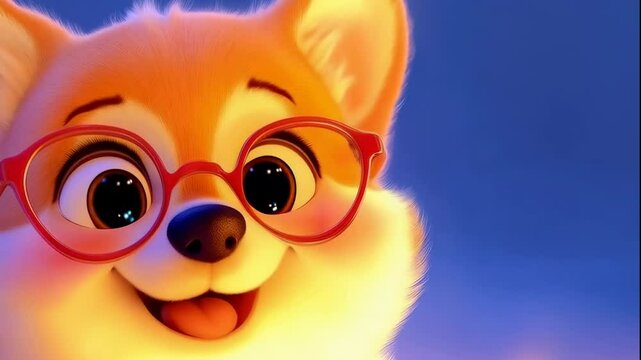 Cute cartoon corgi dog in red glasses using smartphone. Adorable animated animal character messaging or playing game, animation.