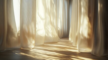 A breeze moving sheer curtains softly, sunlight casting patterns on the floor. Soft sunlight streams through sheer curtains, creating a warm and inviting atmosphere in a tranquil indoor space.