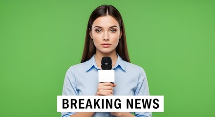 Professional Young Woman Holding Microphone Against Green Screen Broadcasting Breaking News