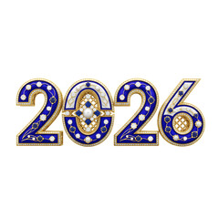 Luxurious ornate 2026 numbers embellished with blue sapphires diamonds and pearls isolated on transparent background