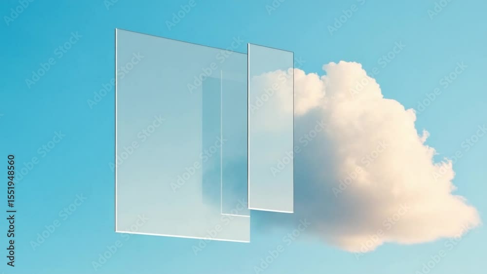 Poster sky reflections: a surreal composition of floating glass planes and fluffy clouds against a backdrop