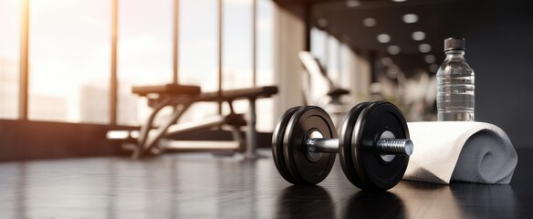 Fototapeta premium The dumbbells and water bottle in a modern gym setting.