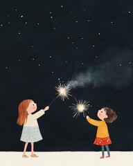 Children playing with sparklers at night, creating light trails with excited energy. Two children joyfully celebrate under a starry sky, holding sparklers and sharing laughter, creating magical moment