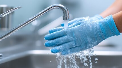 Hands in Gloves Washing Under Running Water