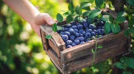 The vibrant blue blueberries harvested from a wooden crate in lush greenery.