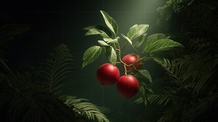 Ripe Red Apples on a Branch with Green Leaves offer a Delicious and Tempting Treat Surrounded by Tropical Ferns in a Dark Setting