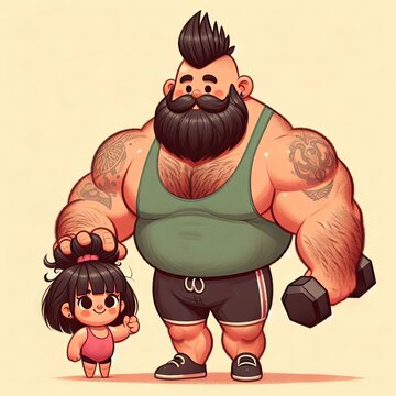 Strong Bearded Dad Working Out with His Little Girl