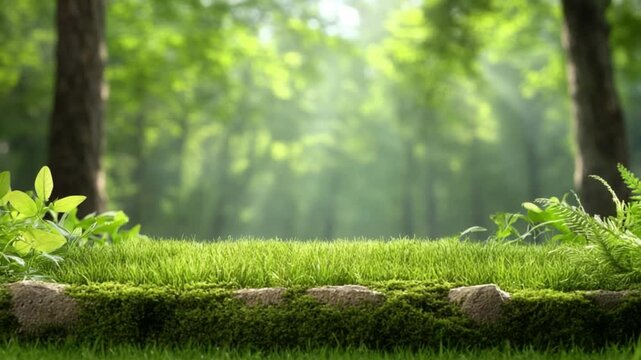 Enchanted Forest Serenity: A captivating landscape, where the foreground boasts lush, verdant grass, seamlessly blending into a backdrop of a dense, sun-dappled forest.