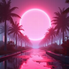 Naklejka premium A surreal palm-lined path glows with pink lights, leading toward a distant vertical beam under a foggy night sky, evoking mystery and wonder. Generative, AI,