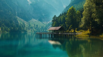 Fototapeta premium Serene mountain lake with wooden dock, reflecting clear turquoise water and lush green hills.