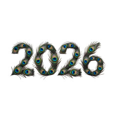Obraz premium The year 2026 creatively formed using natural peacock feathers with their distinctive eye patterns isolated on transparent background