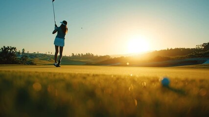 Woman Playing Golf During Sunset on a Beautiful Golf Course Generative AI - Powered by Adobe