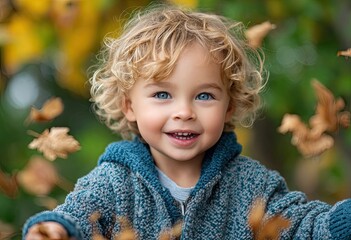 A cute, happy toddler wearing colorful is playing in the park, throwing autumn leaves up into the air with joy and laughter. The child has curly blonde hair and blue eyes