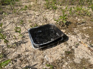 Picnic barbecue, camping barbecue in the great outdoors, concept: risk of forest fires from public...