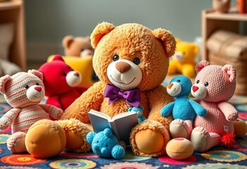 Smiling teddy bear sitting on a colorful rug, surrounded by soft toys during story time, kid, education