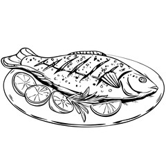 Grilled fish with lemon slices on plate in sketch style