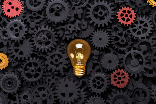 Gears in motion create chaotic light bulb shape with vibrant colors