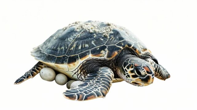 A sea turtle resting, next to several eggs. The turtle's shell has an aged, weathered appearance. 