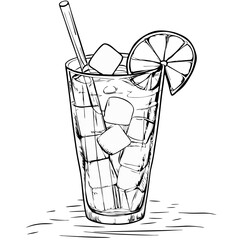 Iced drink with straw and lemon slice in sketch style