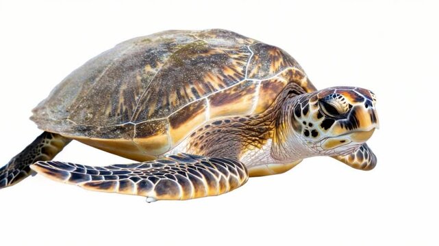 A sea turtle up close, highlighting the creature's unique shell patterns and texture, with attention to the eye.