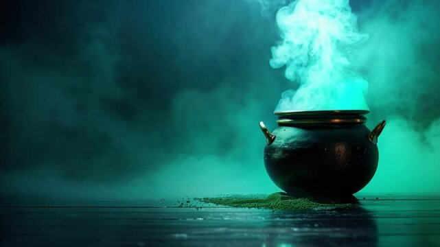 A cauldron full of swirling, mystical green smoke