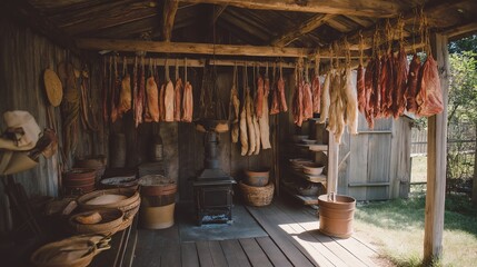 Obraz premium A rustic wooden shed with a display of cured meats hanging from the ceiling